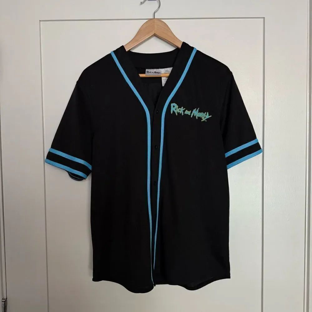 Rick and Morty Baseball Jersey Unisex Adult Sz M Black Button Up Short Sleeve